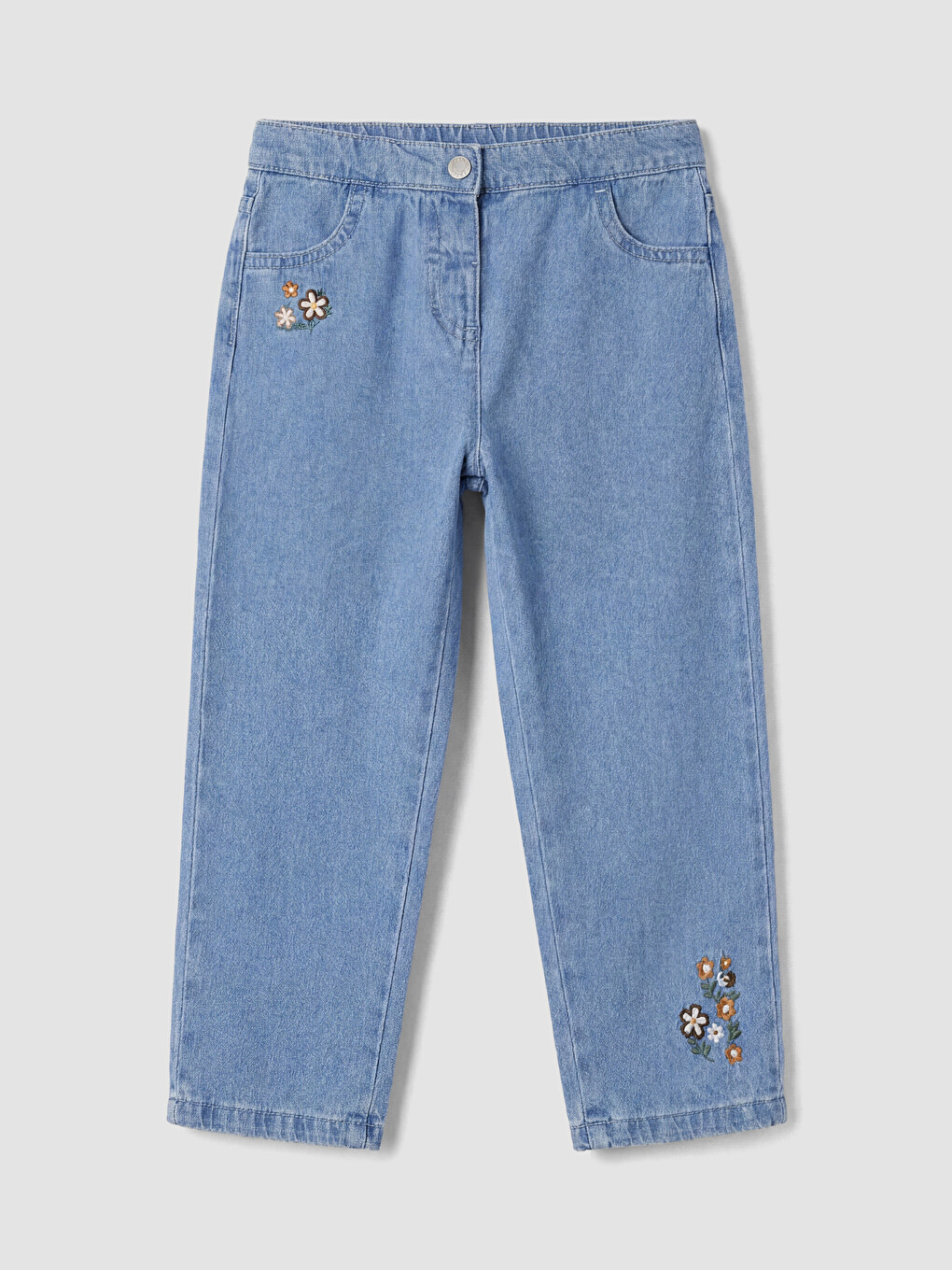 Mavi Çiçek Nakışlı Kız Bebek Jean Pantolon