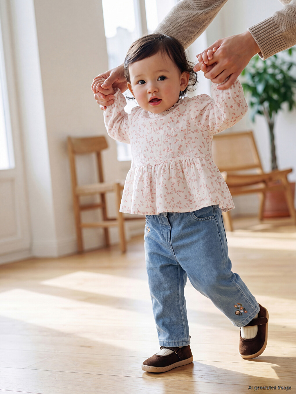 Mavi Çiçek Nakışlı Kız Bebek Jean Pantolon