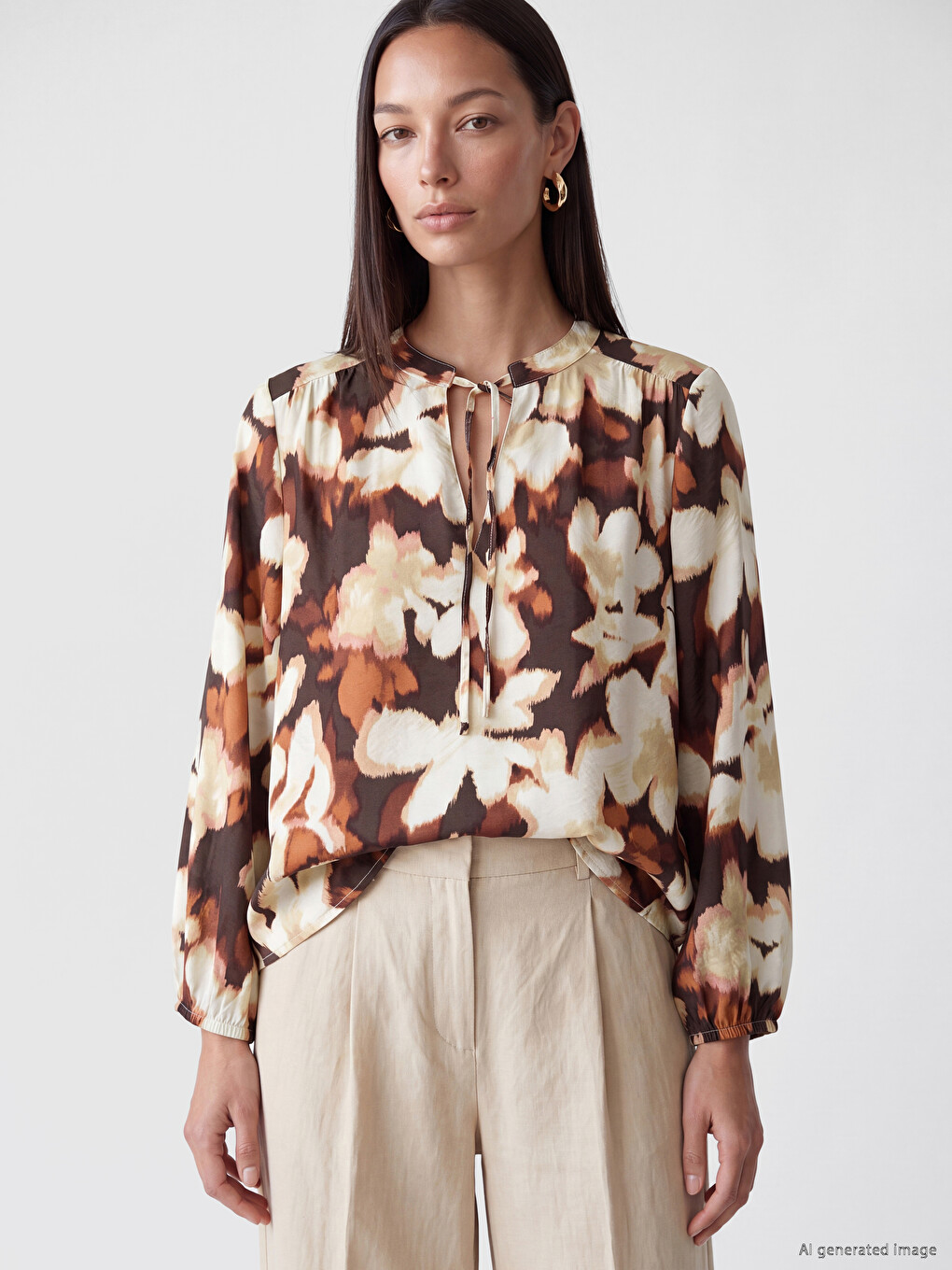 Grandad Collar Tie Detail Patterned Women's Blouse