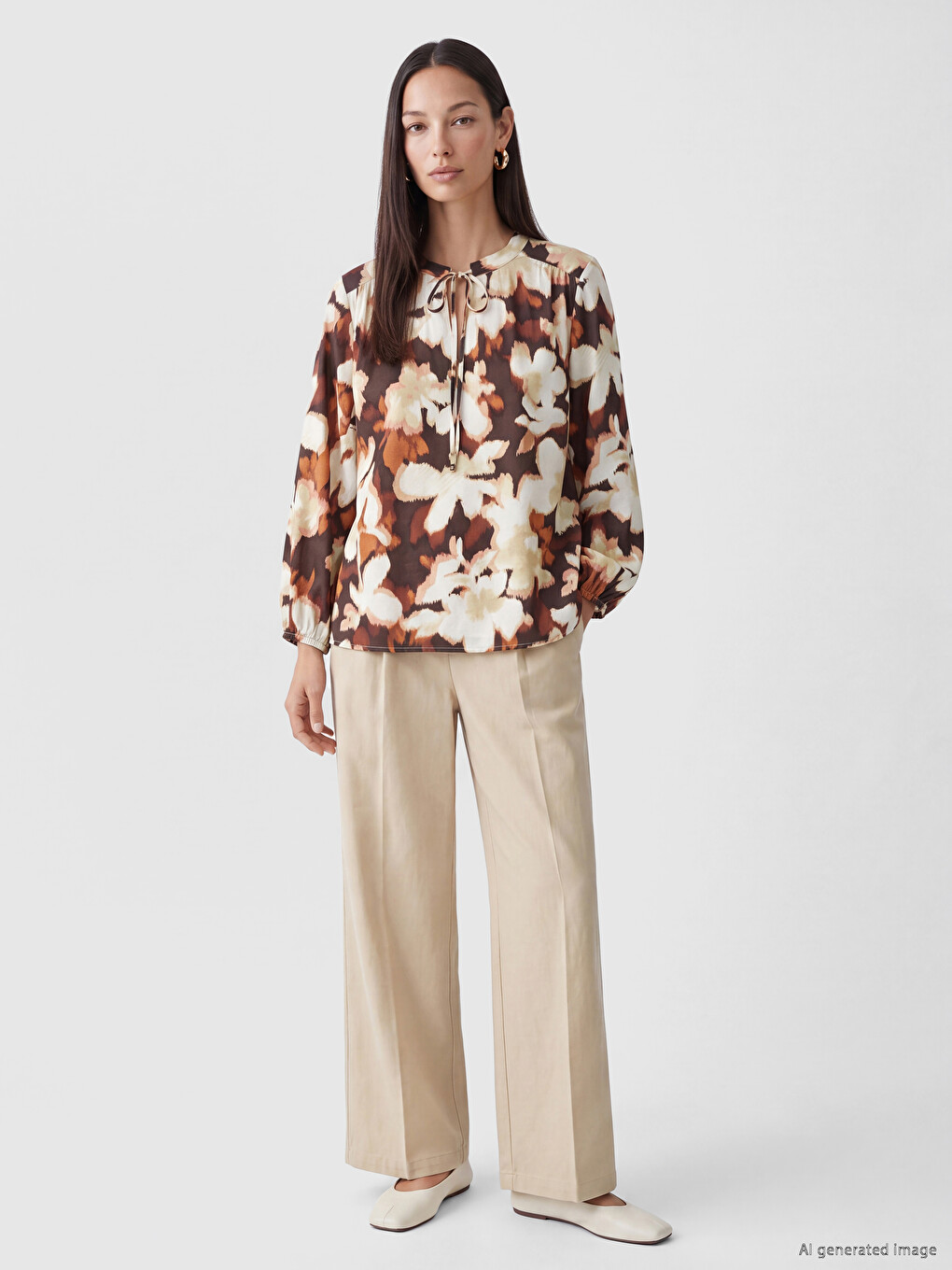 Grandad Collar Tie Detail Patterned Women's Blouse-1