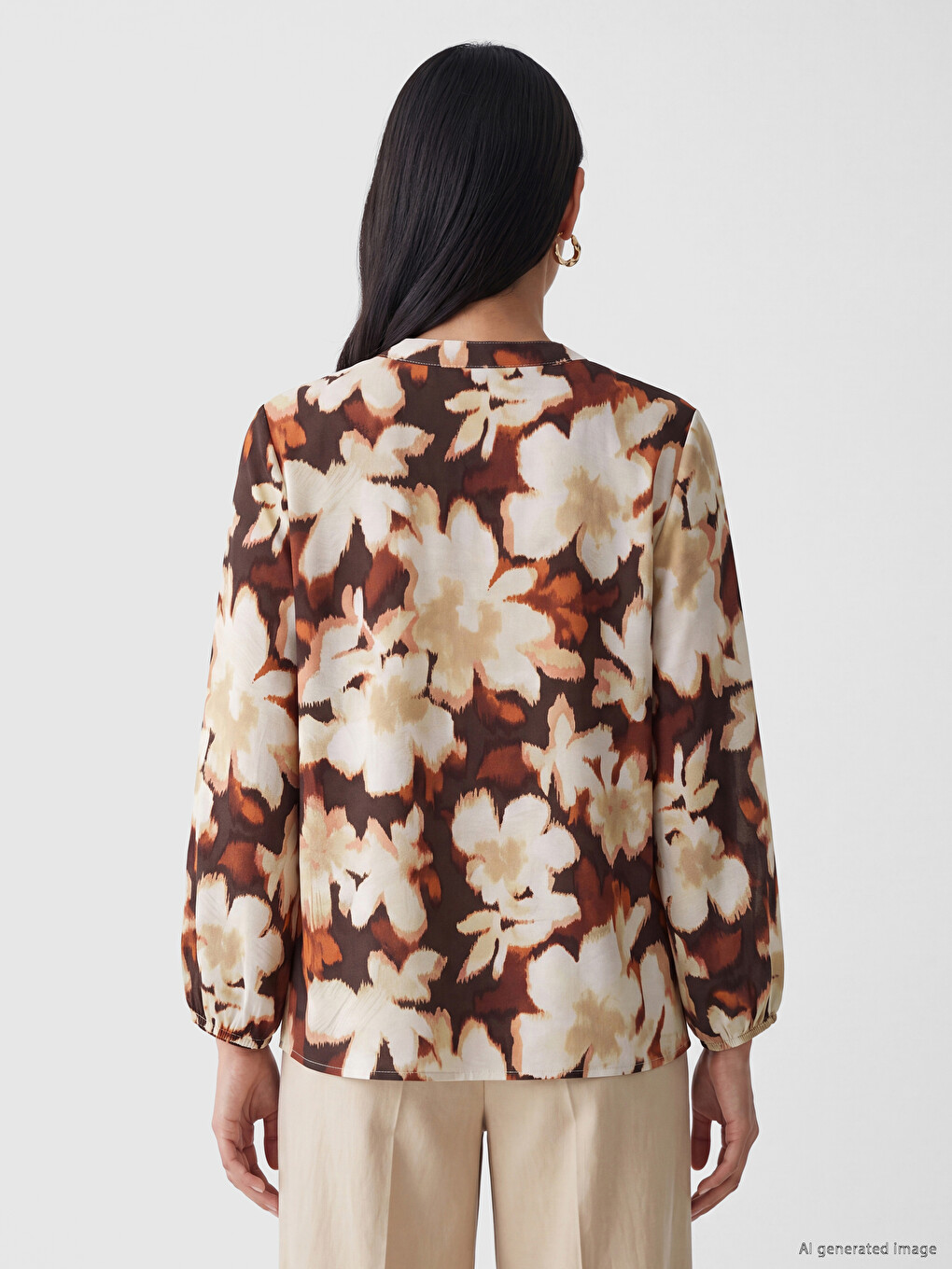 Grandad Collar Tie Detail Patterned Women's Blouse-3