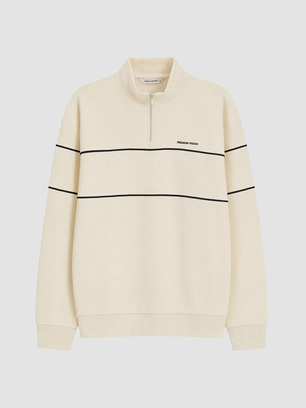 Bej Dik Yaka Baskılı Erkek Kalın Sweatshirt
