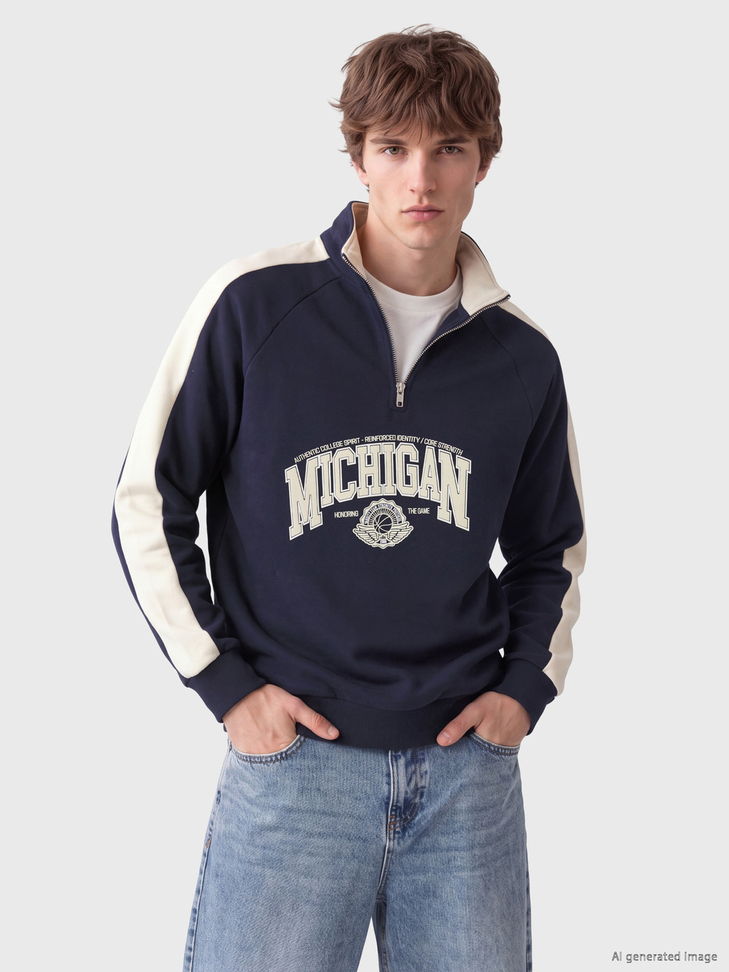 Lacivert Dik Yaka Baskılı Erkek Sweatshirt
