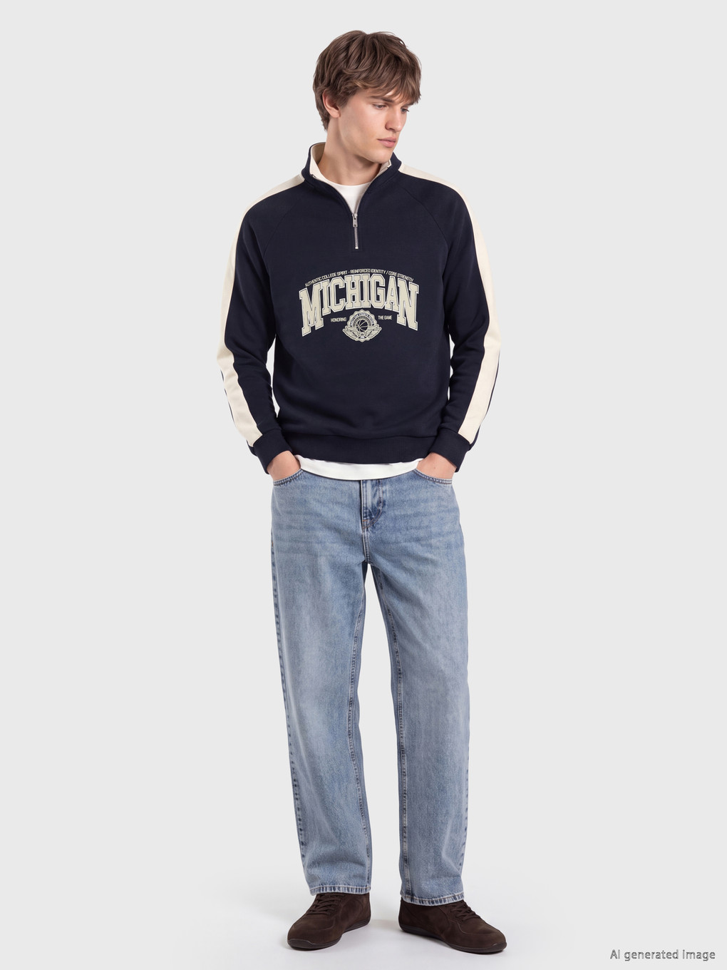 Lacivert Dik Yaka Baskılı Erkek Sweatshirt-1