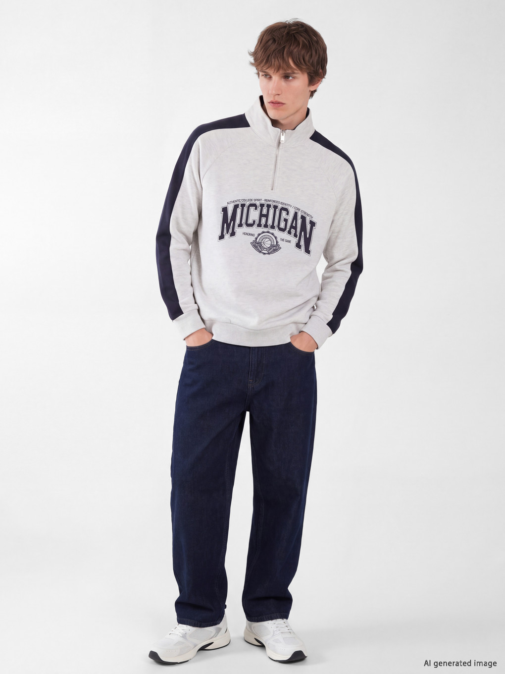 Gri Dik Yaka Baskılı Erkek Sweatshirt-1