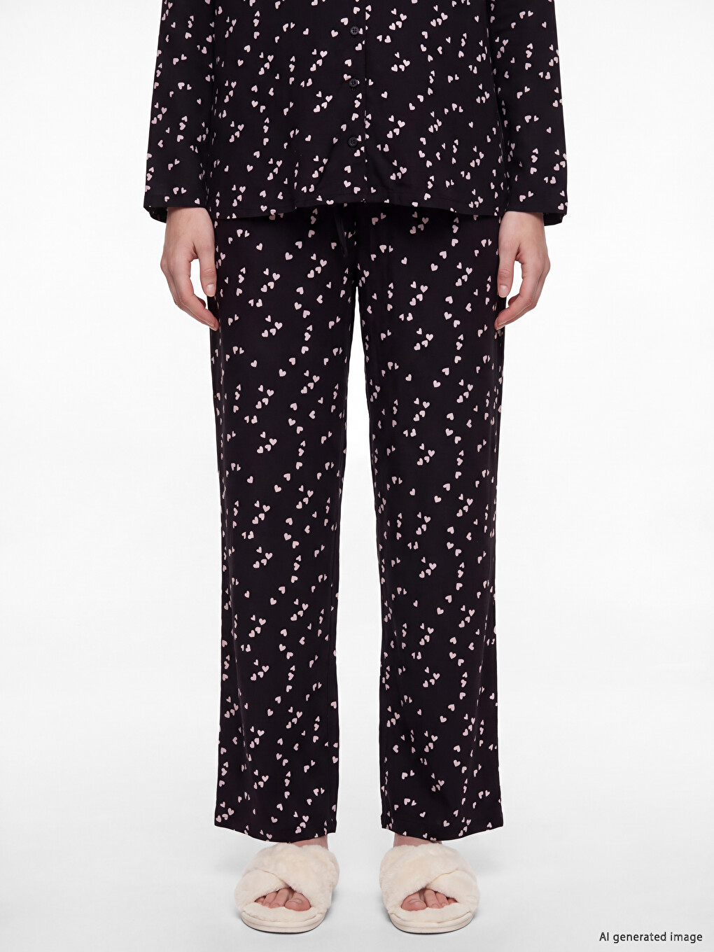 Siyah Gömlek Yaka Kalp Baskılı Hamile Pijama Takımı-1