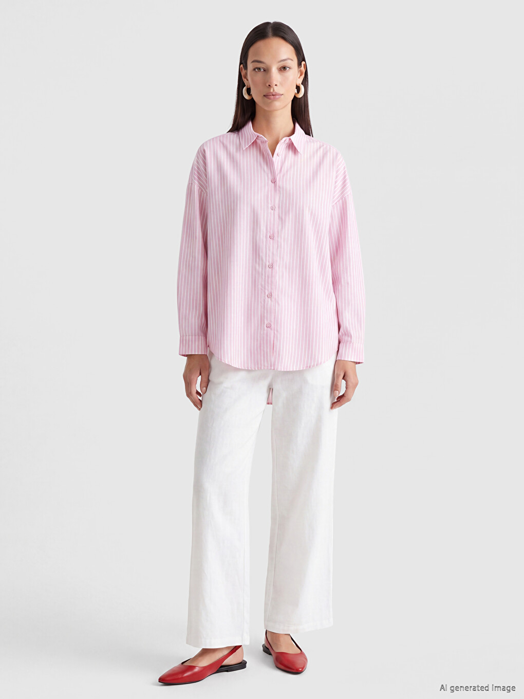 Pembe Çizgili Poplin Kadın Gömlek-1