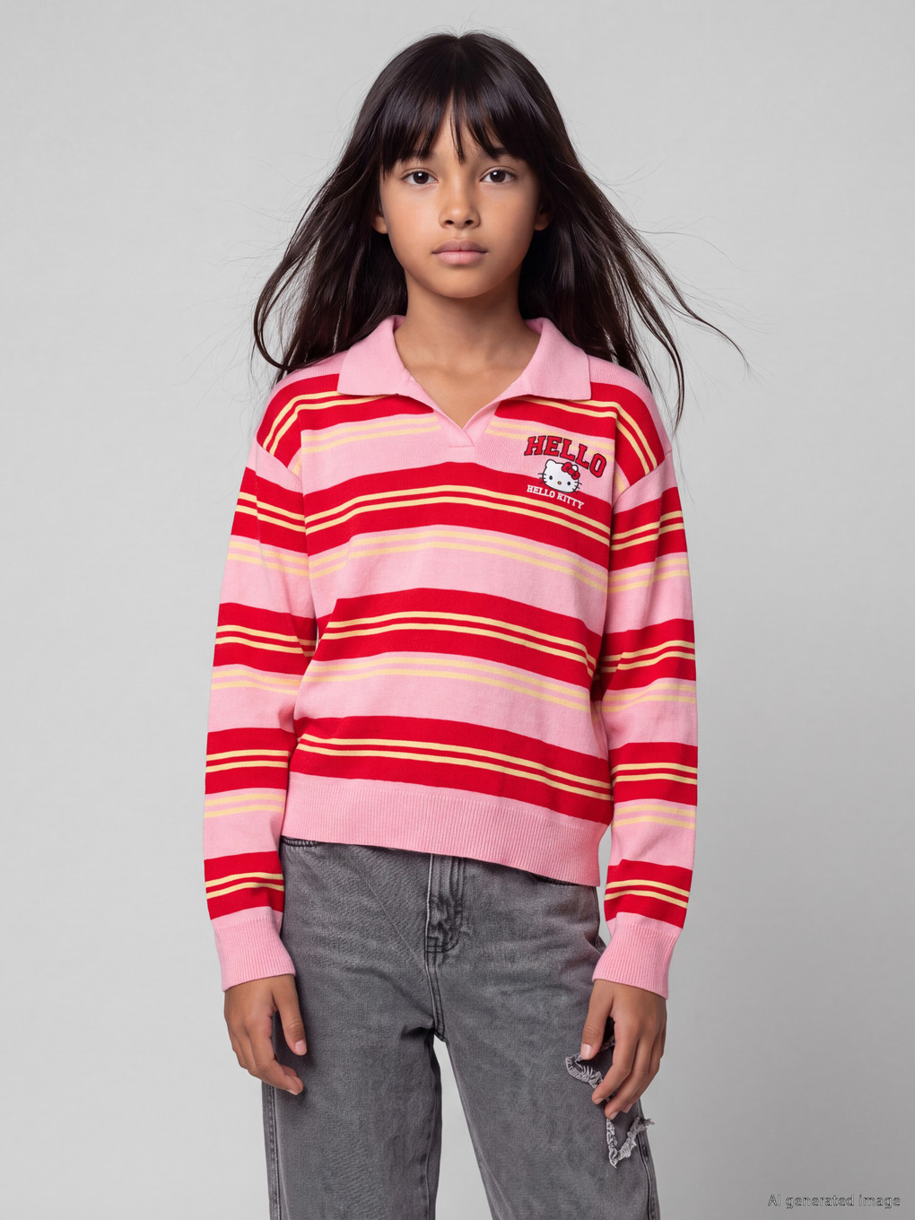 Polo Collar Hello Kitty Embroidered Girls' Sweater