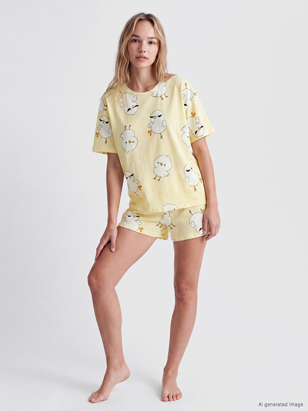 Sarı Keseli Civciv Baskılı Kadın Şortlu Pijama Takımı