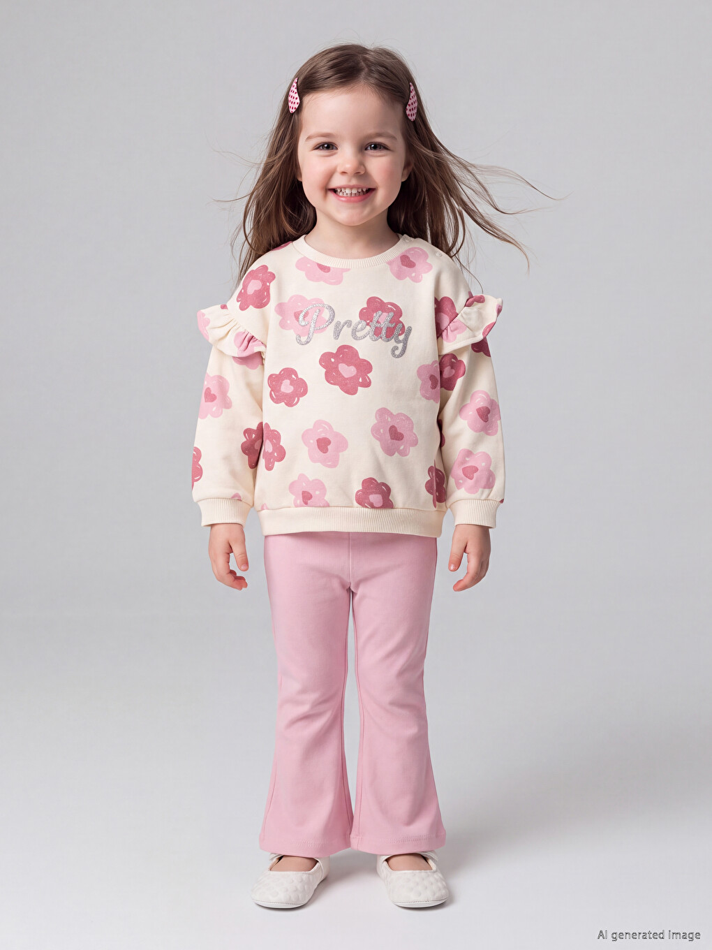 Ekru Çiçekli Kız Bebek Sweatshirt Ve Tayt