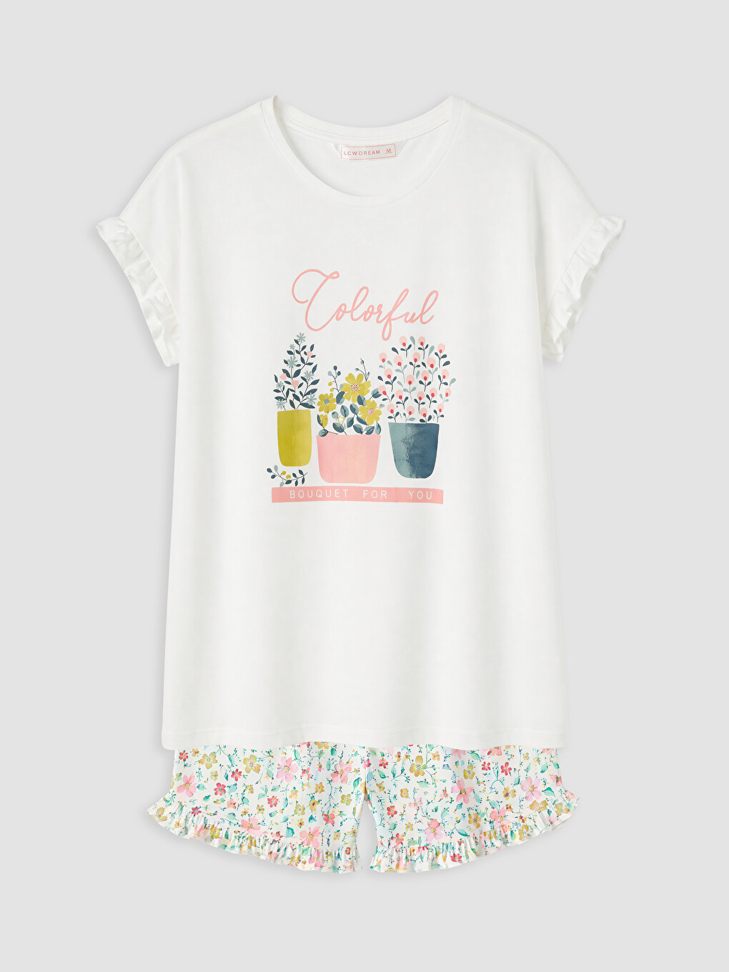 Ekru Bisiklet Yaka Baskılı Kadın Şortlu Pijama Takımı