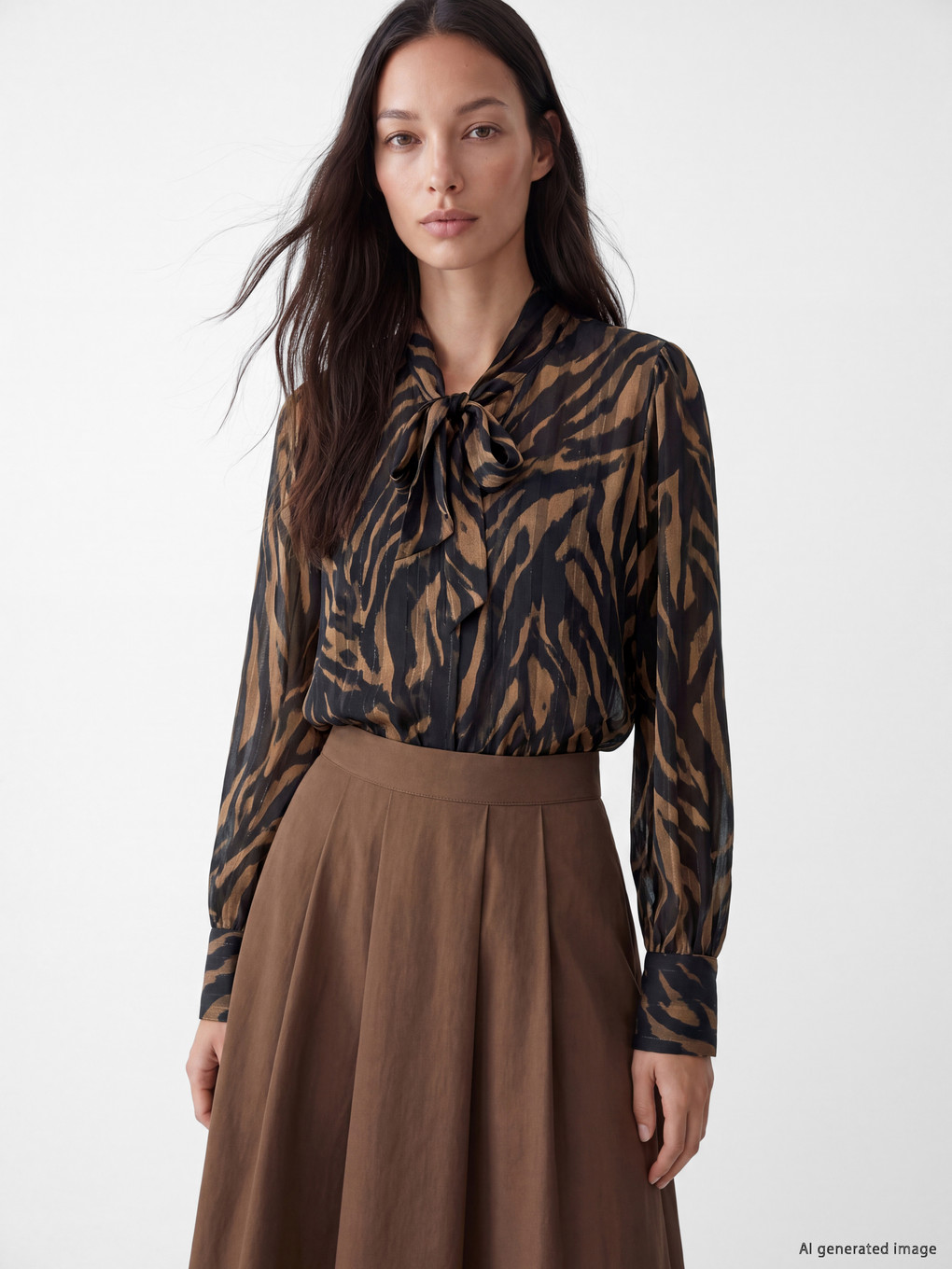 Tie Neck Patterned Chiffon Blouse