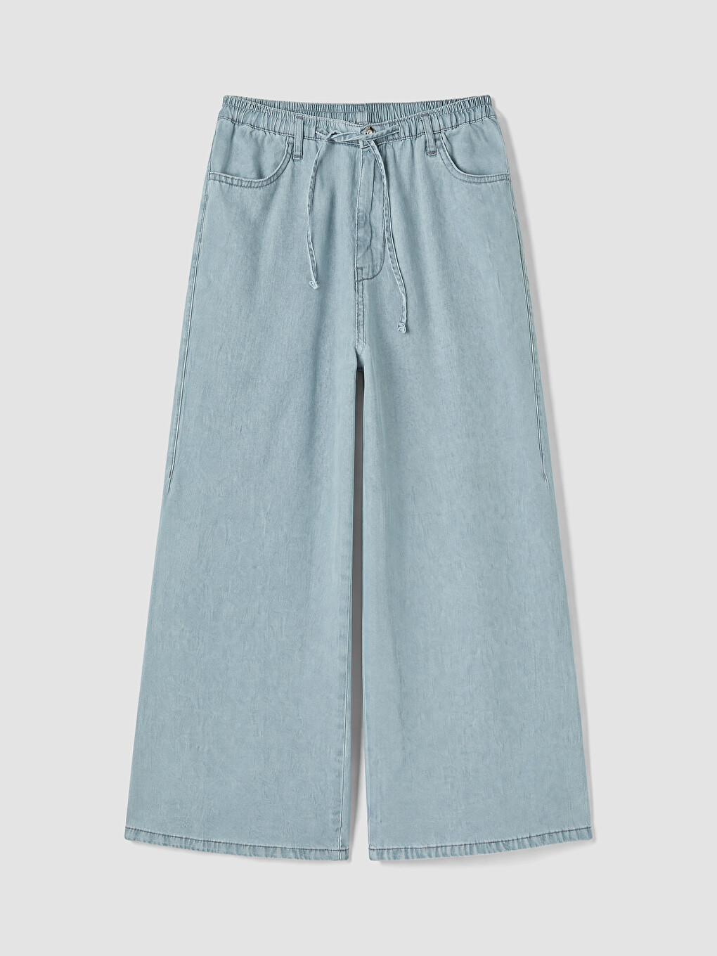 Mavi Beli Bağcıklı Wideleg Kadın Jean Pantolon-4
