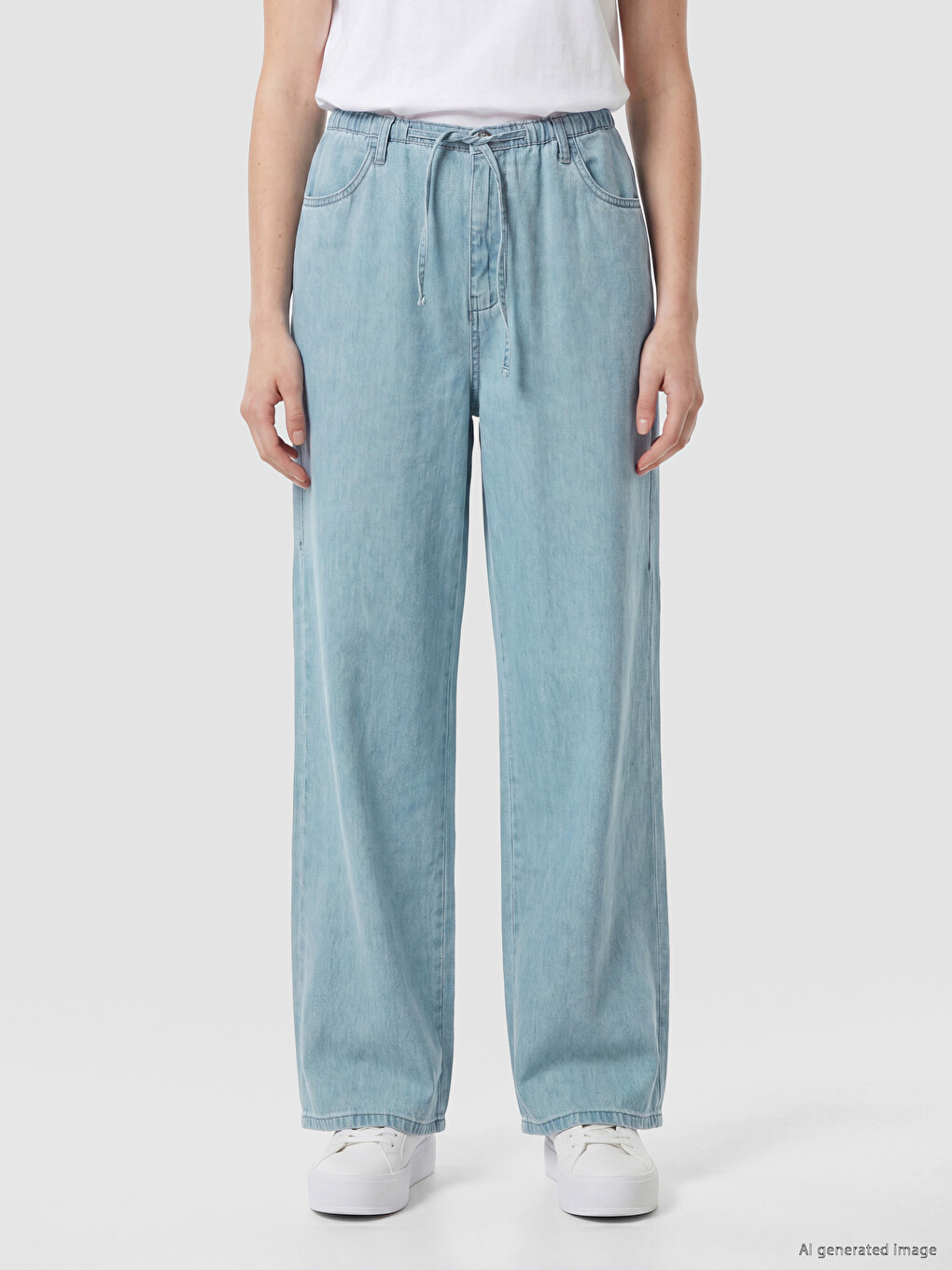 Mavi Beli Bağcıklı Wideleg Kadın Jean Pantolon-1