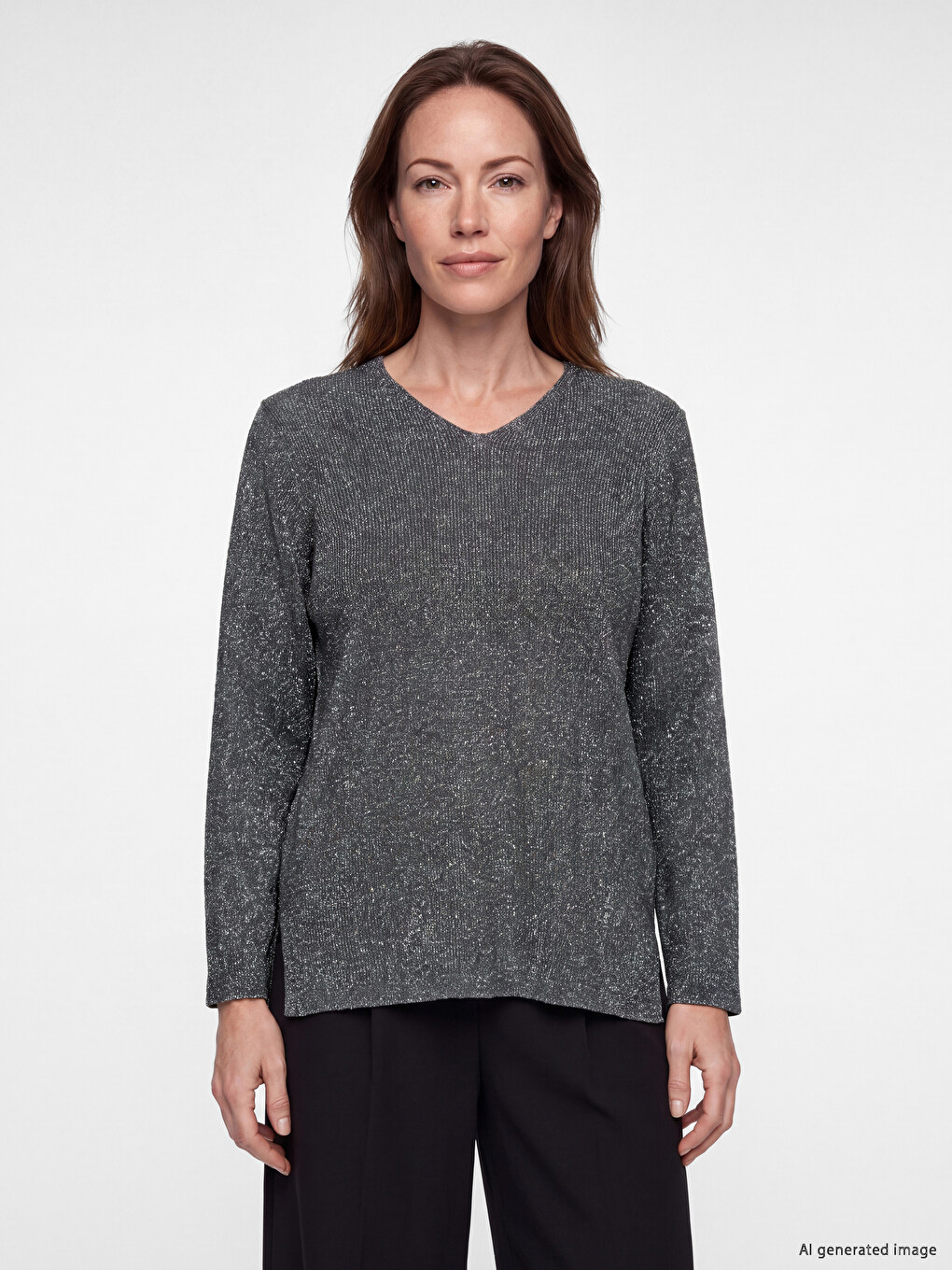 V Neck Shiny Textured Women's Knitwear Sweater