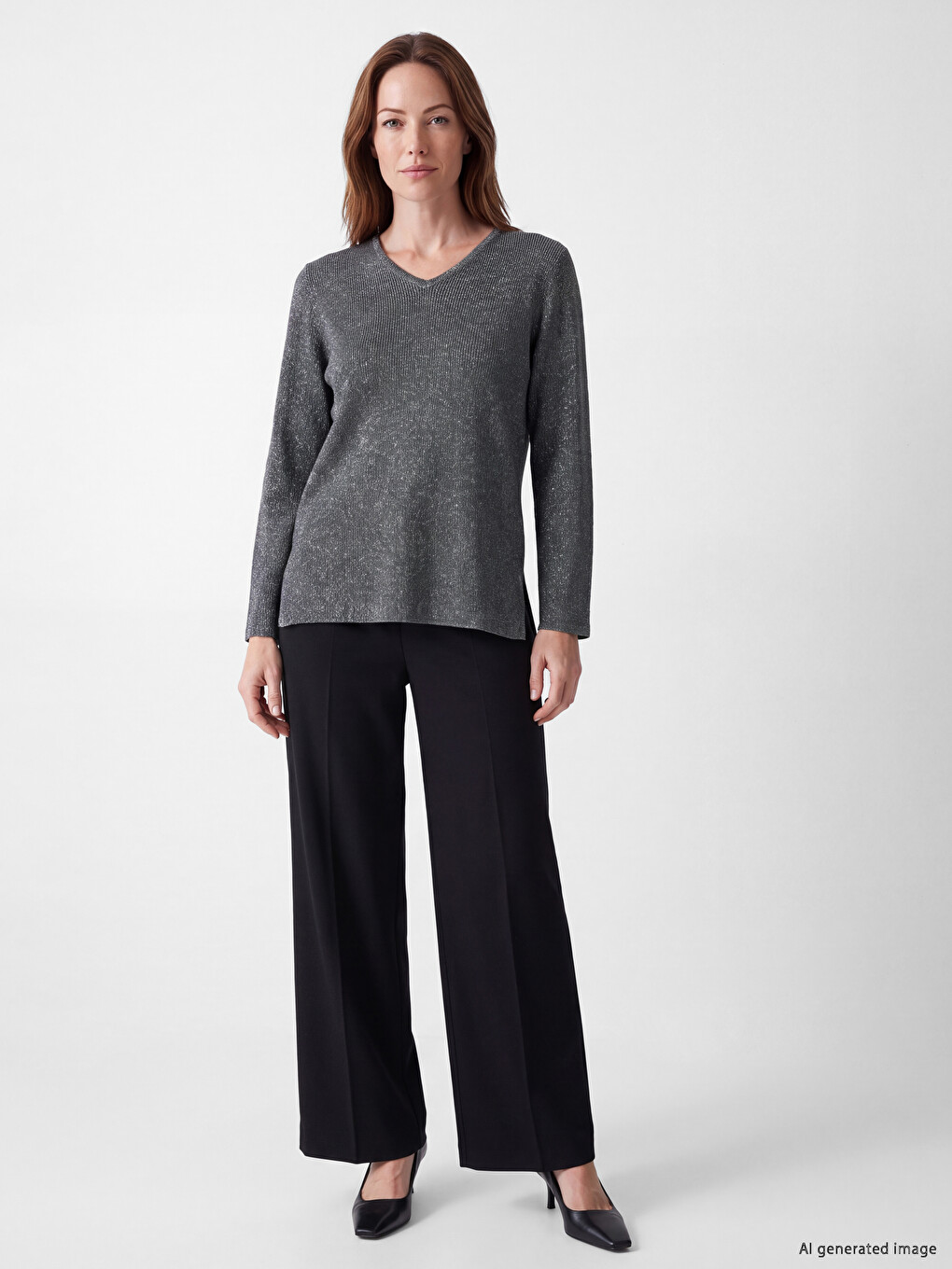 V Neck Shiny Textured Women's Knitwear Sweater-1