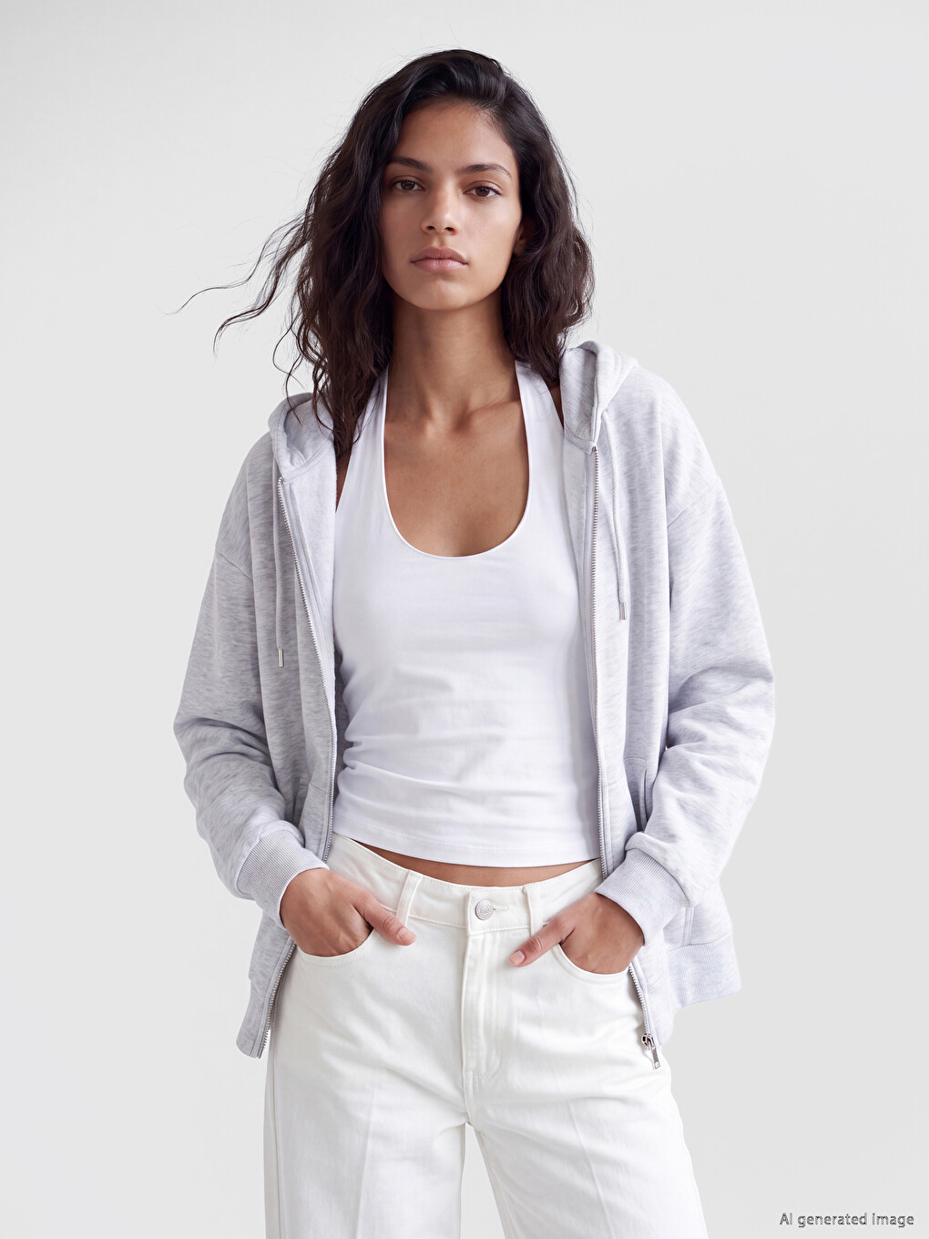 Gri Kapüşonlu Oversize Kadın Fermuarlı Sweatshirt