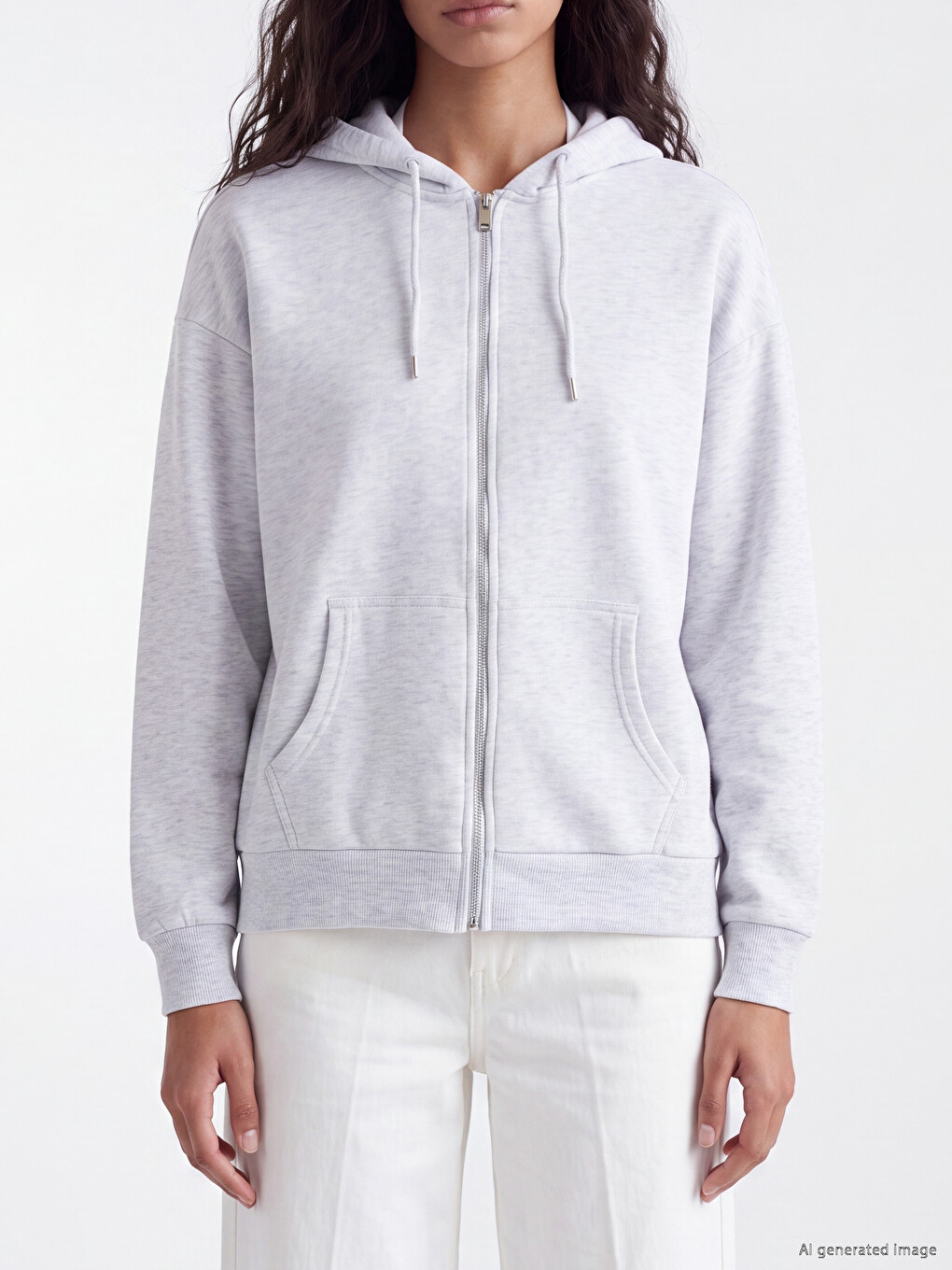Gri Kapüşonlu Oversize Kadın Fermuarlı Sweatshirt-2