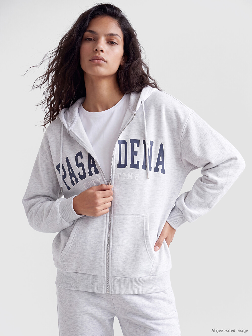 Gri Baskılı Kadın Kalın Fermuarlı Sweatshirt
