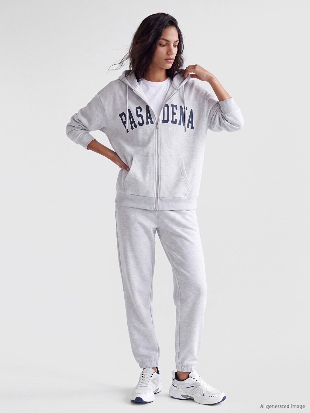 Gri Baskılı Kadın Kalın Fermuarlı Sweatshirt-1
