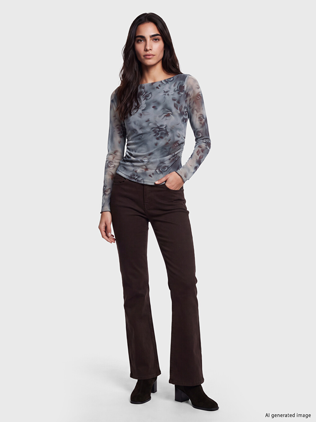 Mavi Batik Desenli Büzgülü Bluz-1