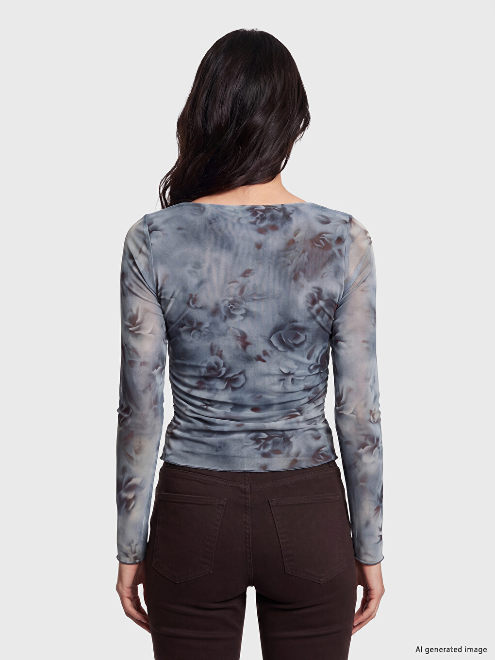 Mavi Batik Desenli Büzgülü Bluz-3
