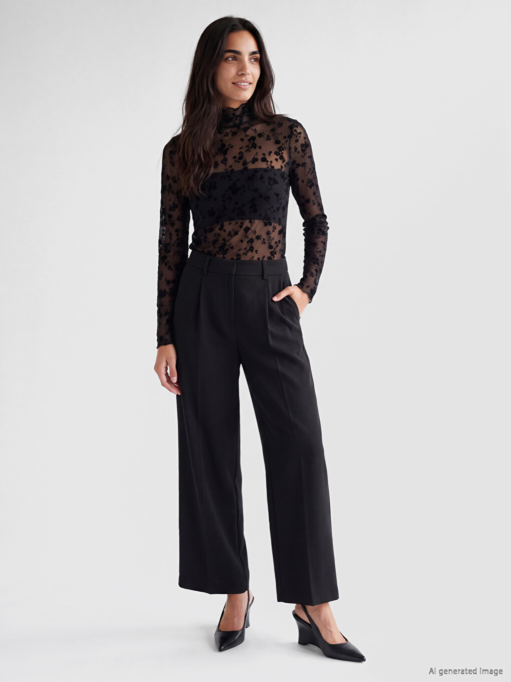 Ruffled Mock Neck Floral Tulle Blouse-1