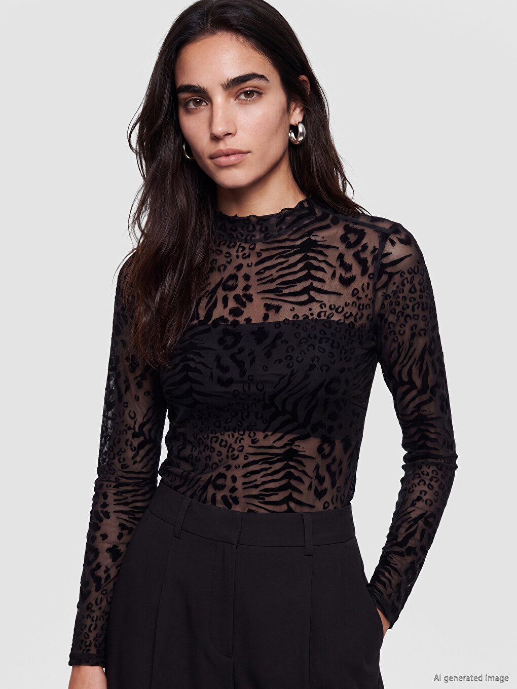Mock Neck Patterned Tulle Blouse