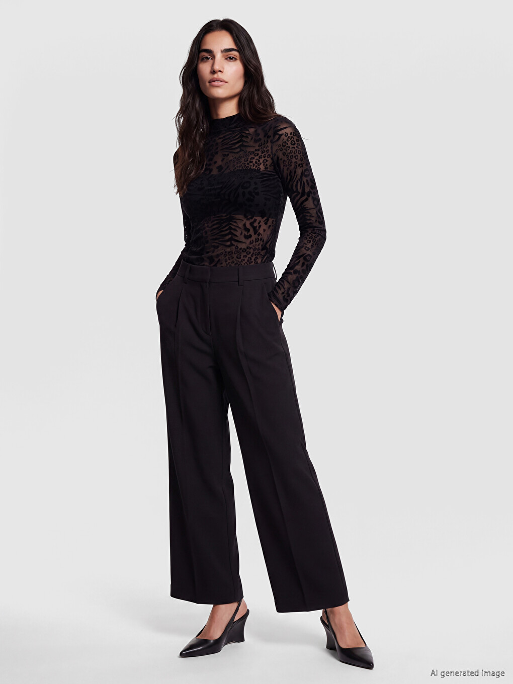 Mock Neck Patterned Tulle Blouse-1