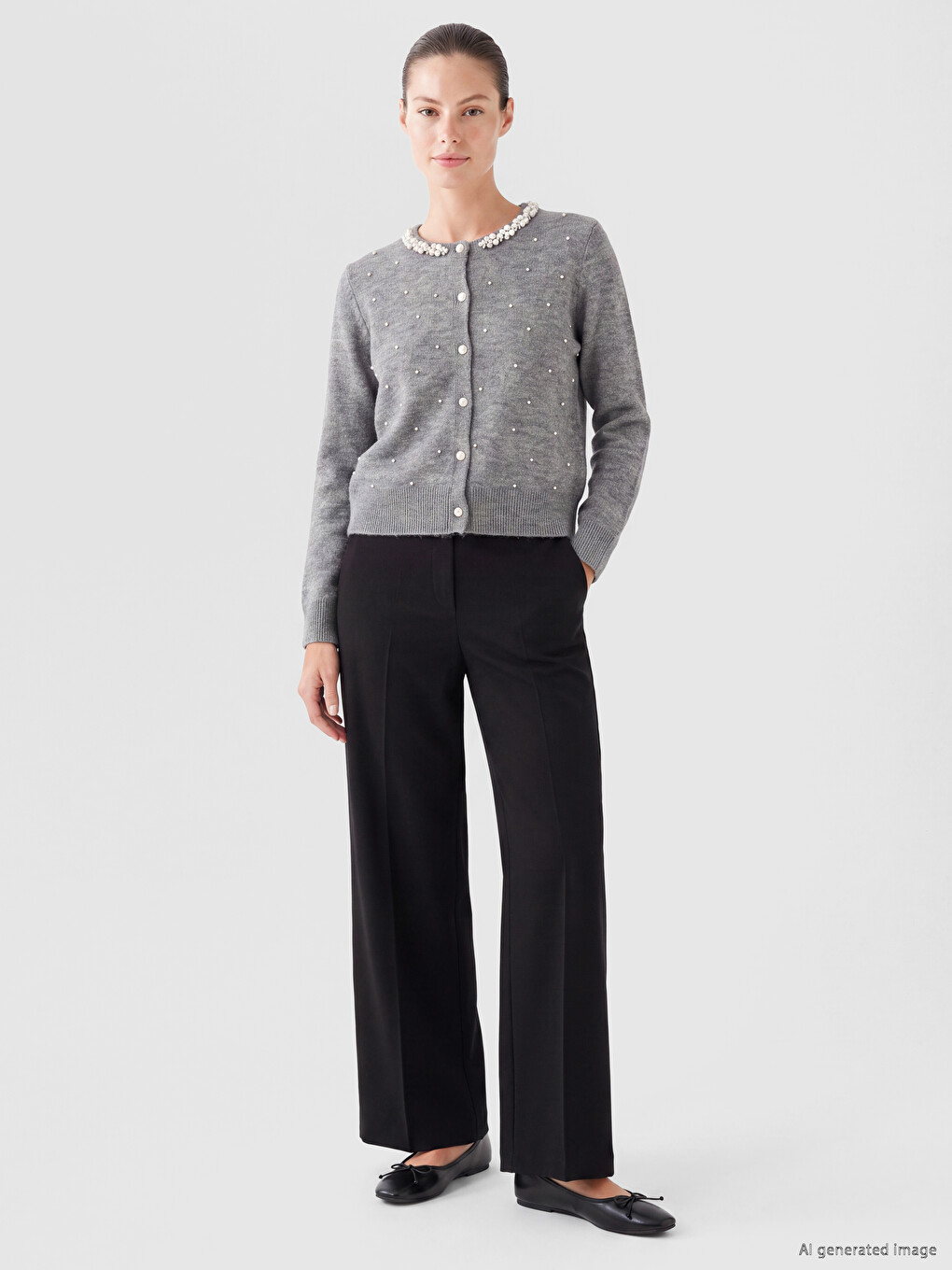 Crew Neck Pearl Embellished Women's Knitwear Cardigan-1
