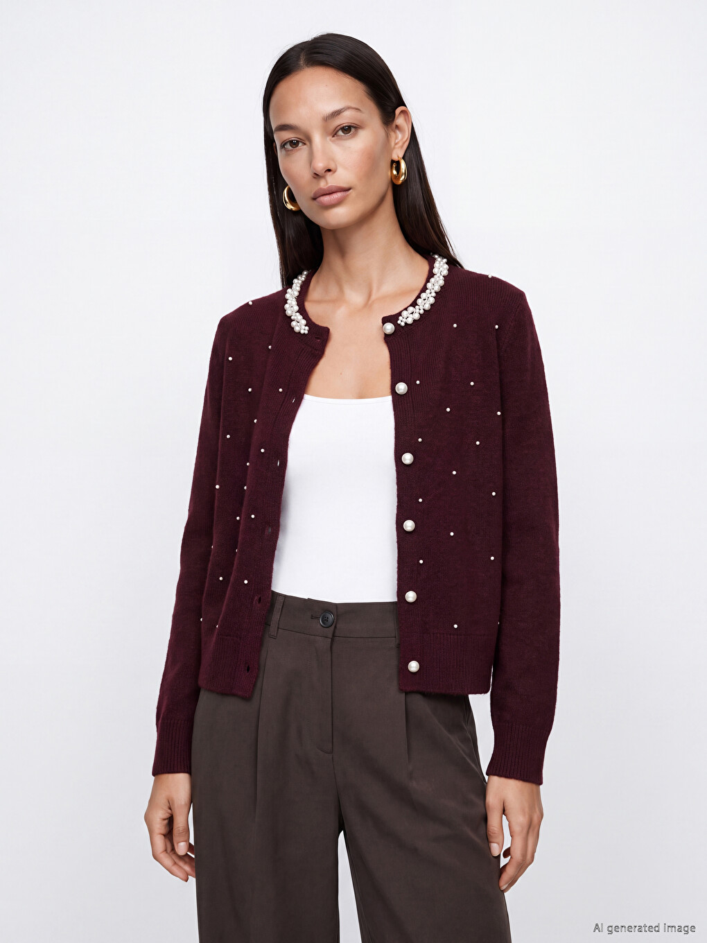 Crew Neck Pearl Embellished Women's Knitwear Cardigan