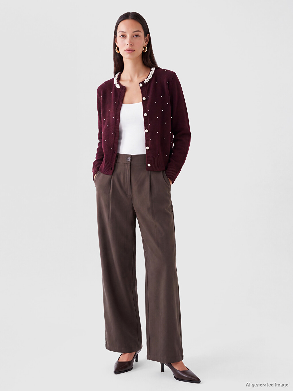 Crew Neck Pearl Embellished Women's Knitwear Cardigan-1
