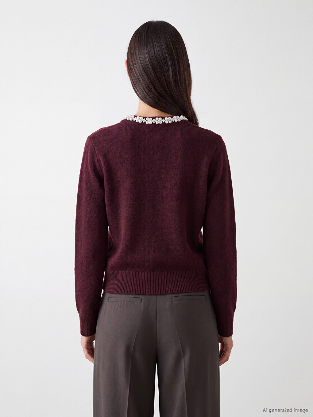 Crew Neck Pearl Embellished Women's Knitwear Cardigan-3