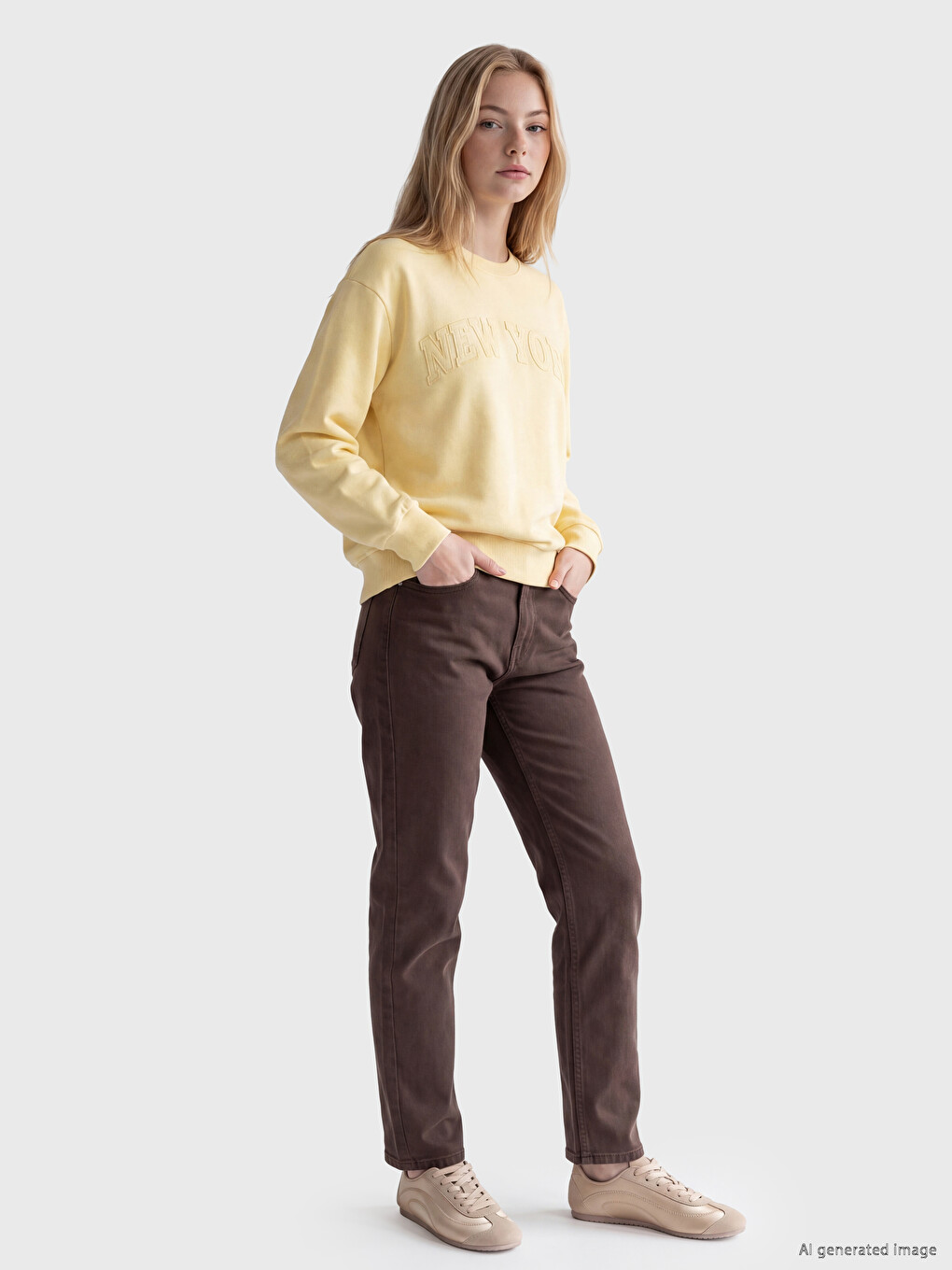 Sarı Bisiklet Yaka Oversize Kadın Kalın Sweatshirt-1