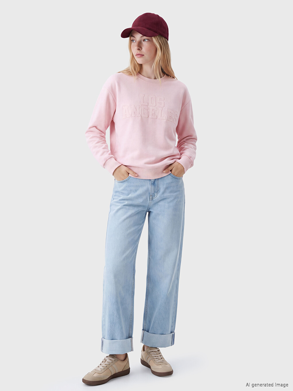 Pembe Bisiklet Yaka Nakışlı Kadın Sweatshirt