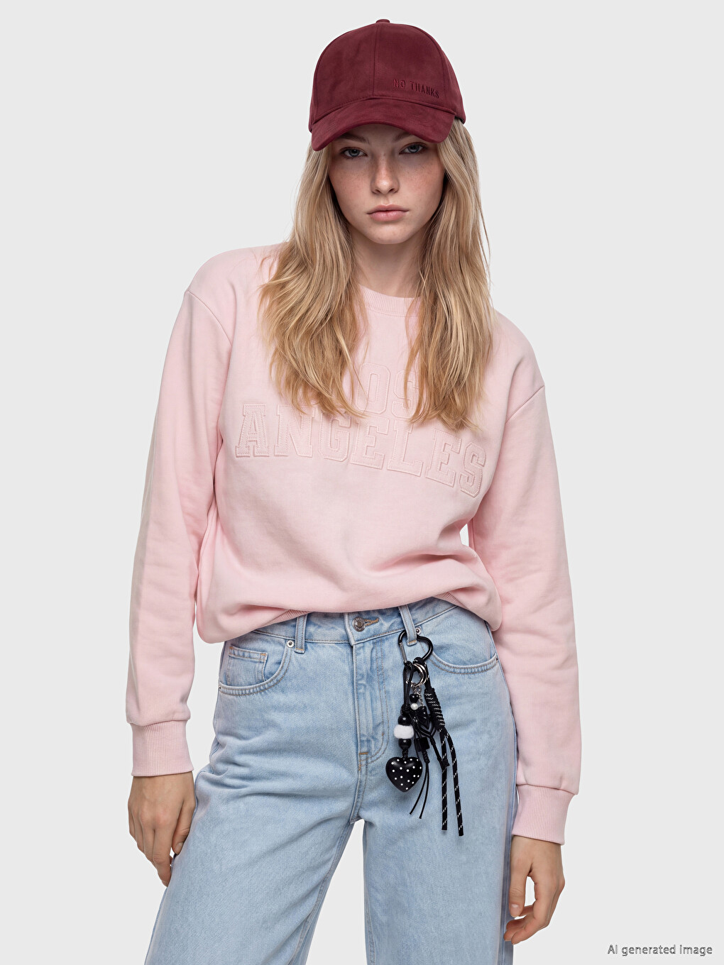 Pembe Bisiklet Yaka Nakışlı Kadın Sweatshirt-1