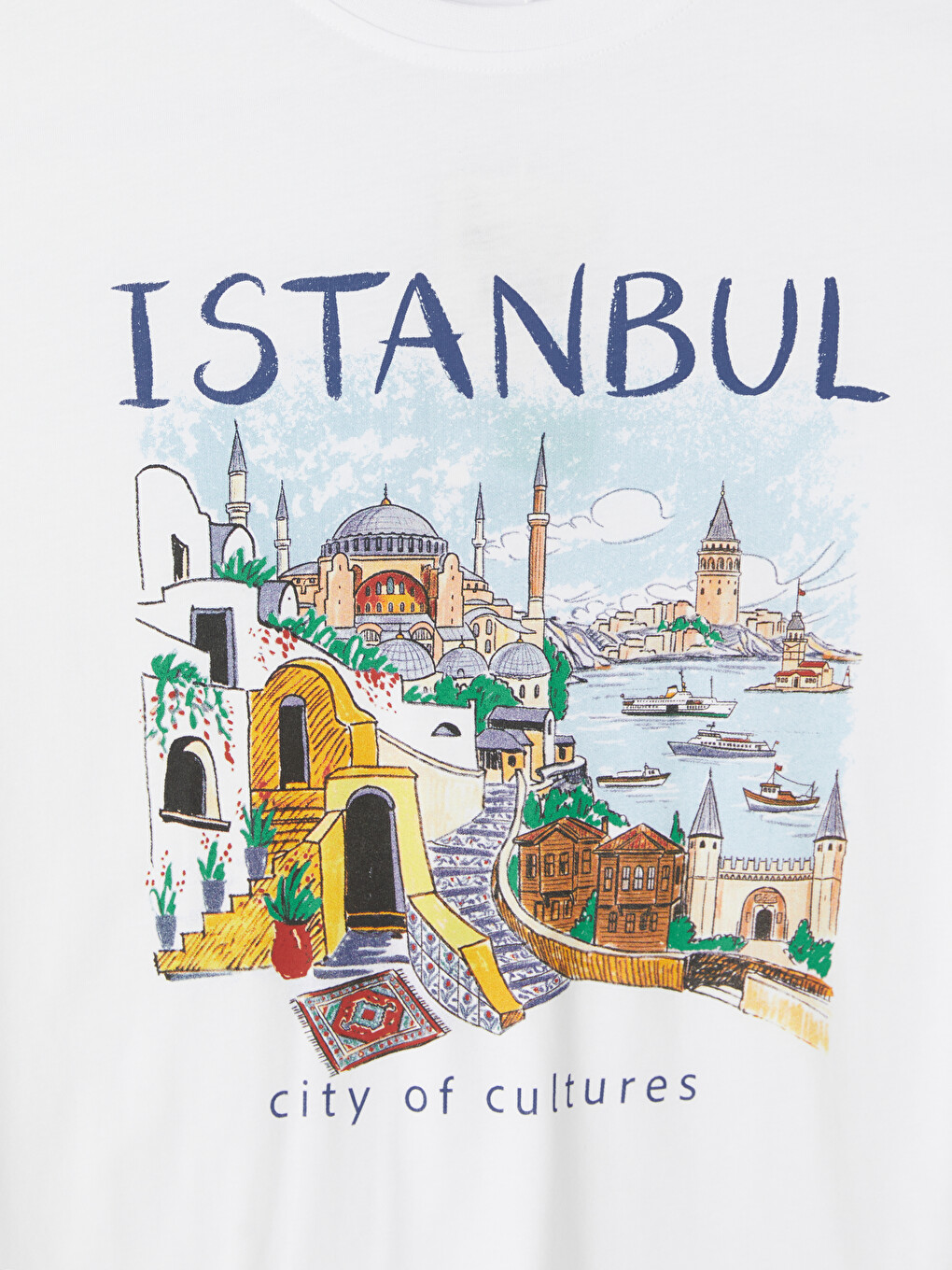 Beyaz İstanbul Baskılı %100 Pamuklu Kadın Tişört-6