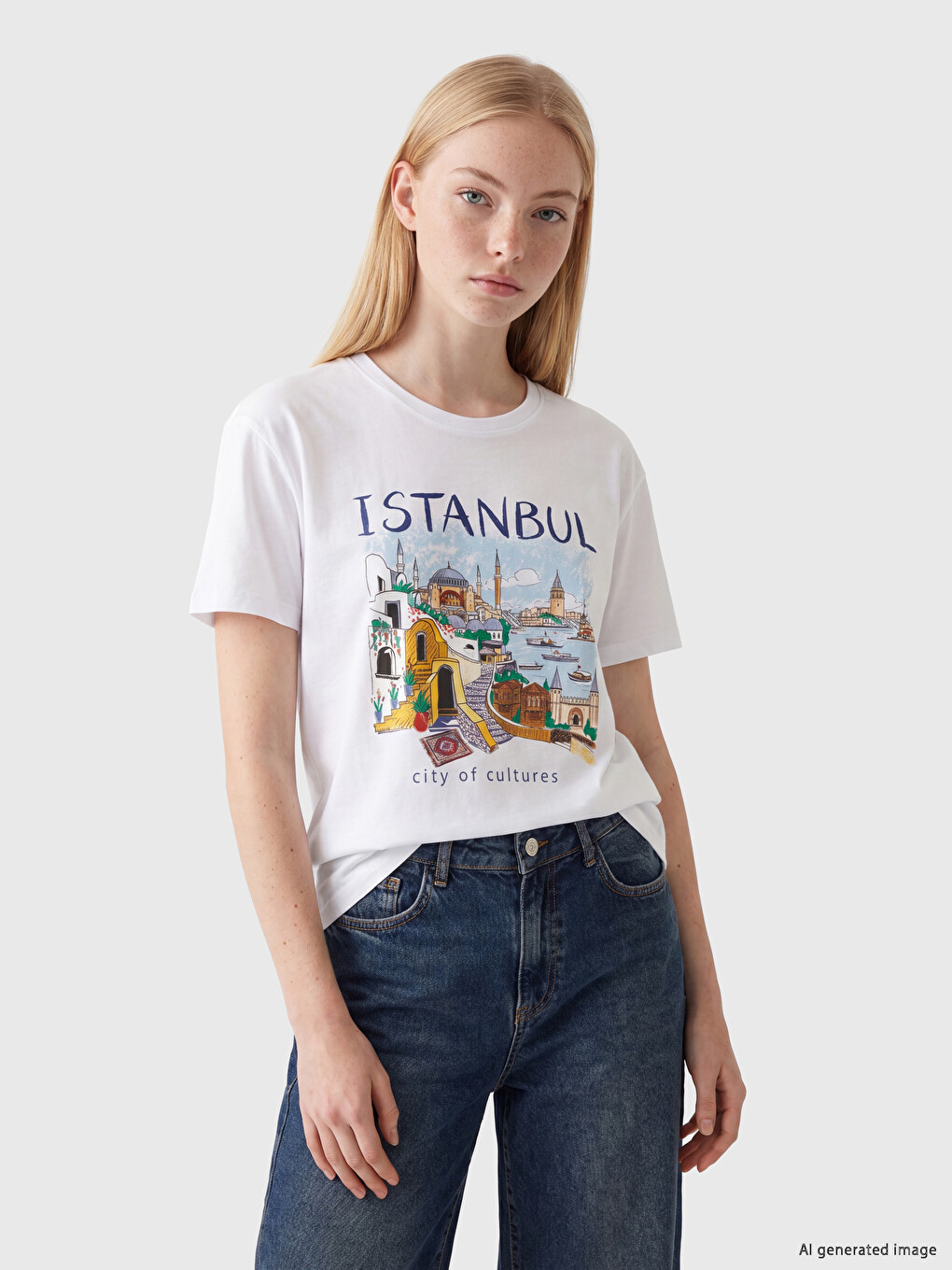 Beyaz İstanbul Baskılı %100 Pamuklu Kadın Tişört