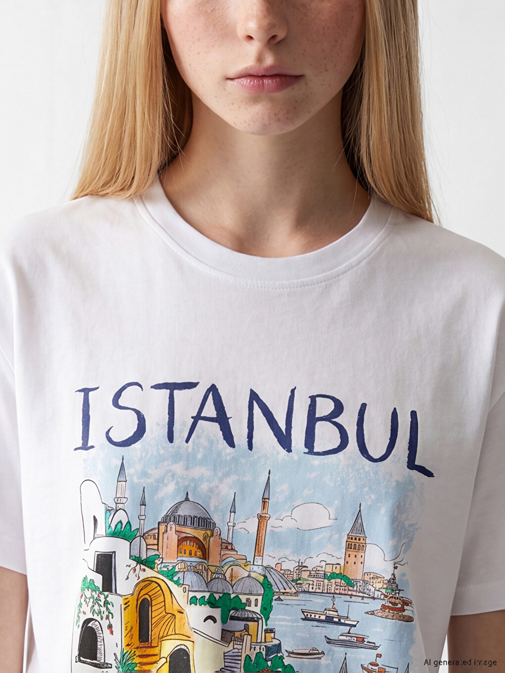 Beyaz İstanbul Baskılı %100 Pamuklu Kadın Tişört-2