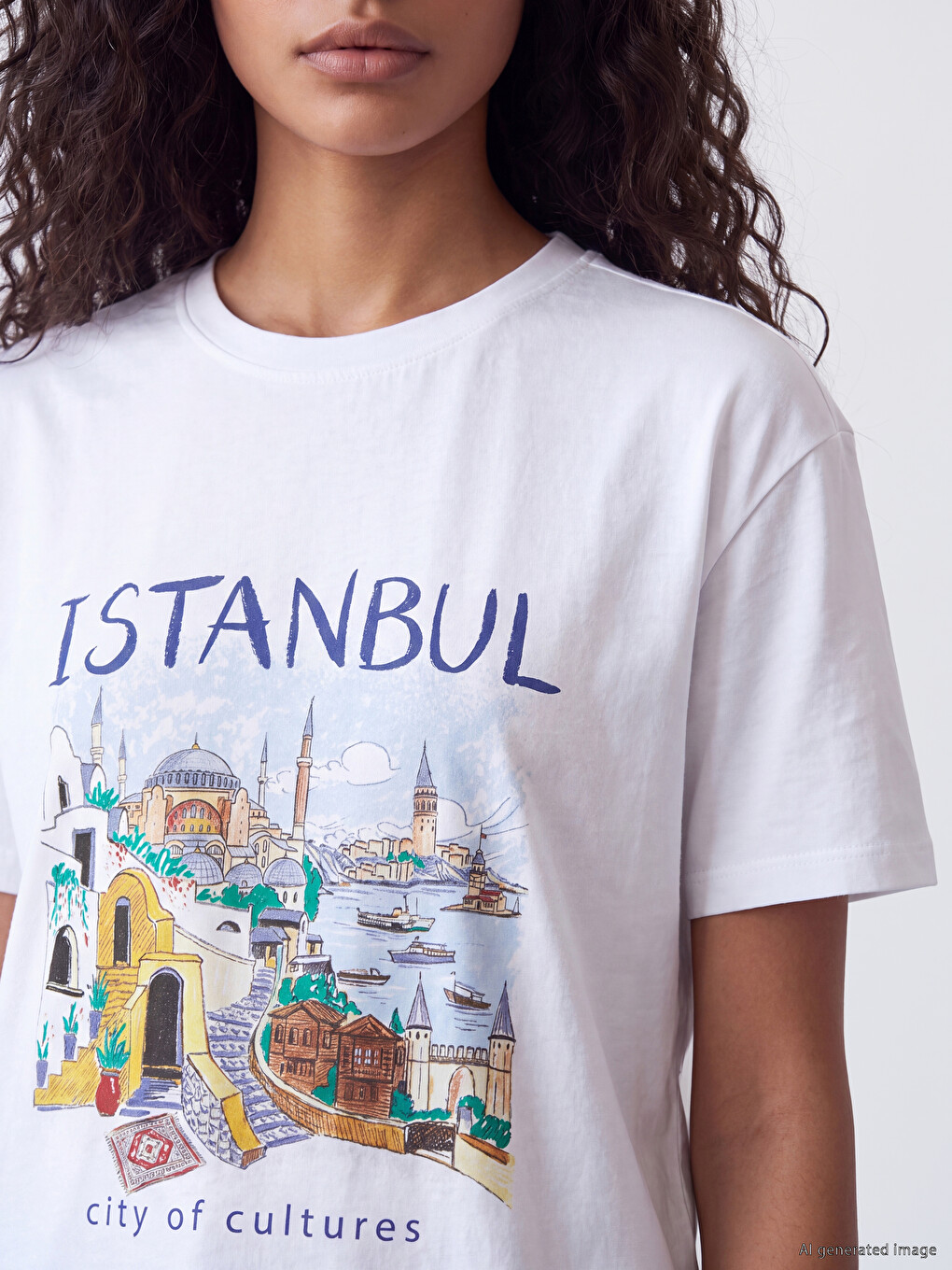 Beyaz İstanbul Baskılı %100 Pamuklu Kadın Tişört-2