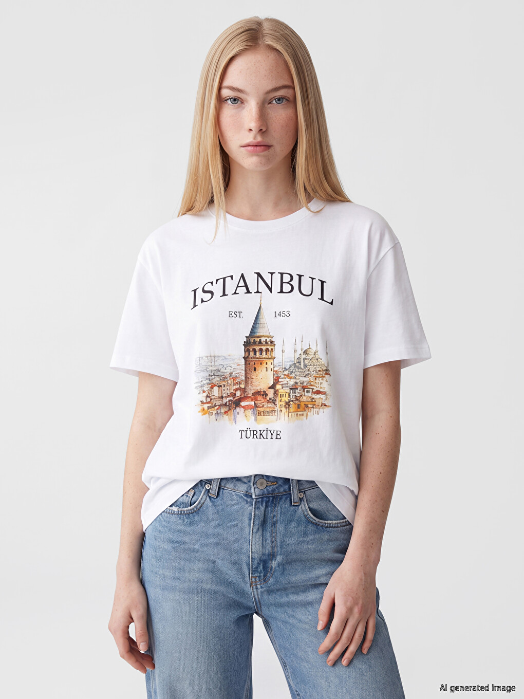 Beyaz İstanbul Baskılı %100 Pamuklu Kadın Tişört