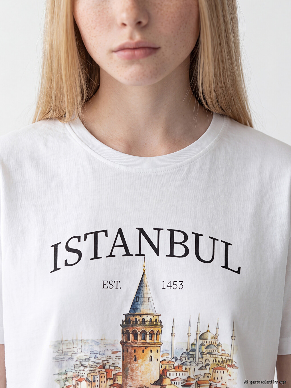 Beyaz İstanbul Baskılı %100 Pamuklu Kadın Tişört-2