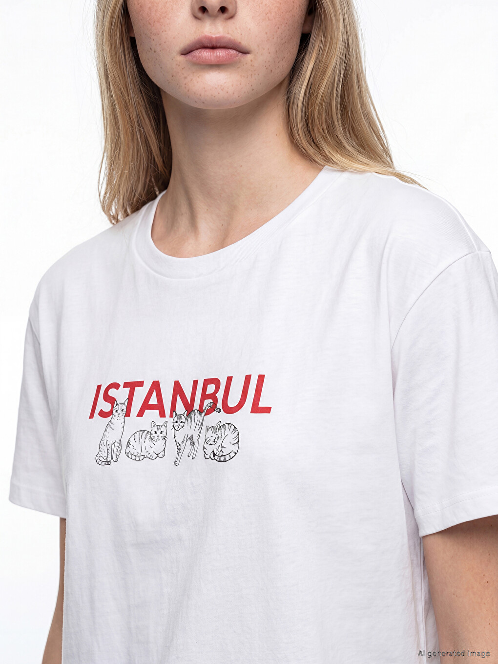 Beyaz İstanbul Baskılı %100 Pamuklu Kadın Tişört-2