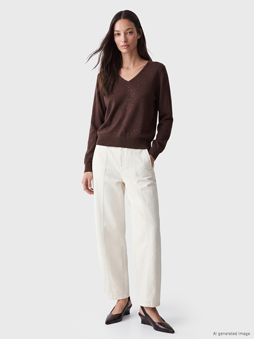 V Neck Sequin Embellished Women's Knitwear Sweater-1