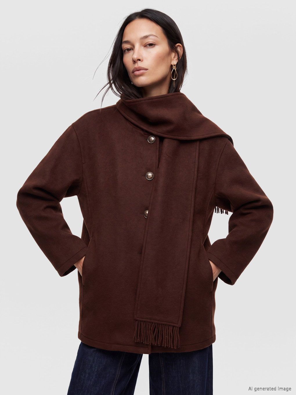 Kahverengi Atkılı Oversize Kadın Kaşe Kaban