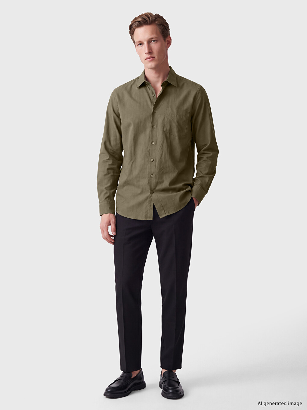 Haki Regular Fit Gabardin Erkek Gömlek-1