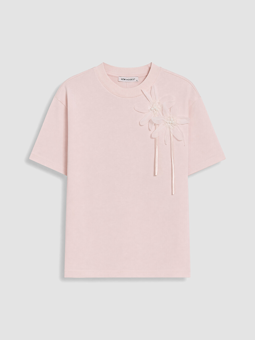 Pembe Bisiklet Yaka Çiçek Aplikeli Kadın Tişört