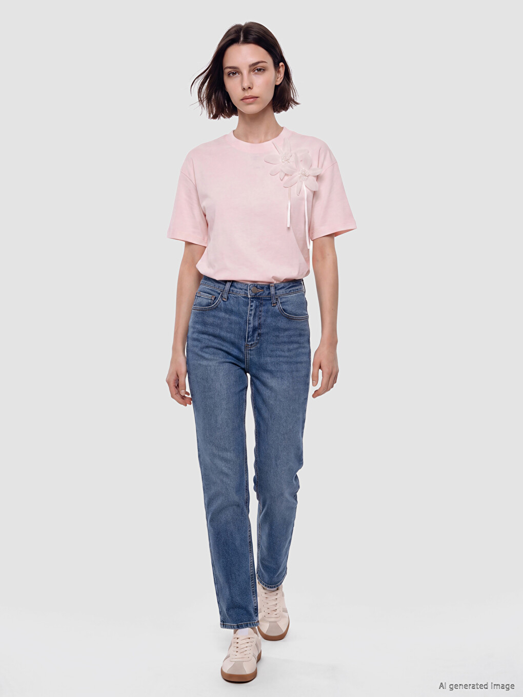 Crew Neck Flower Appliquéd Women's T-shirt-1