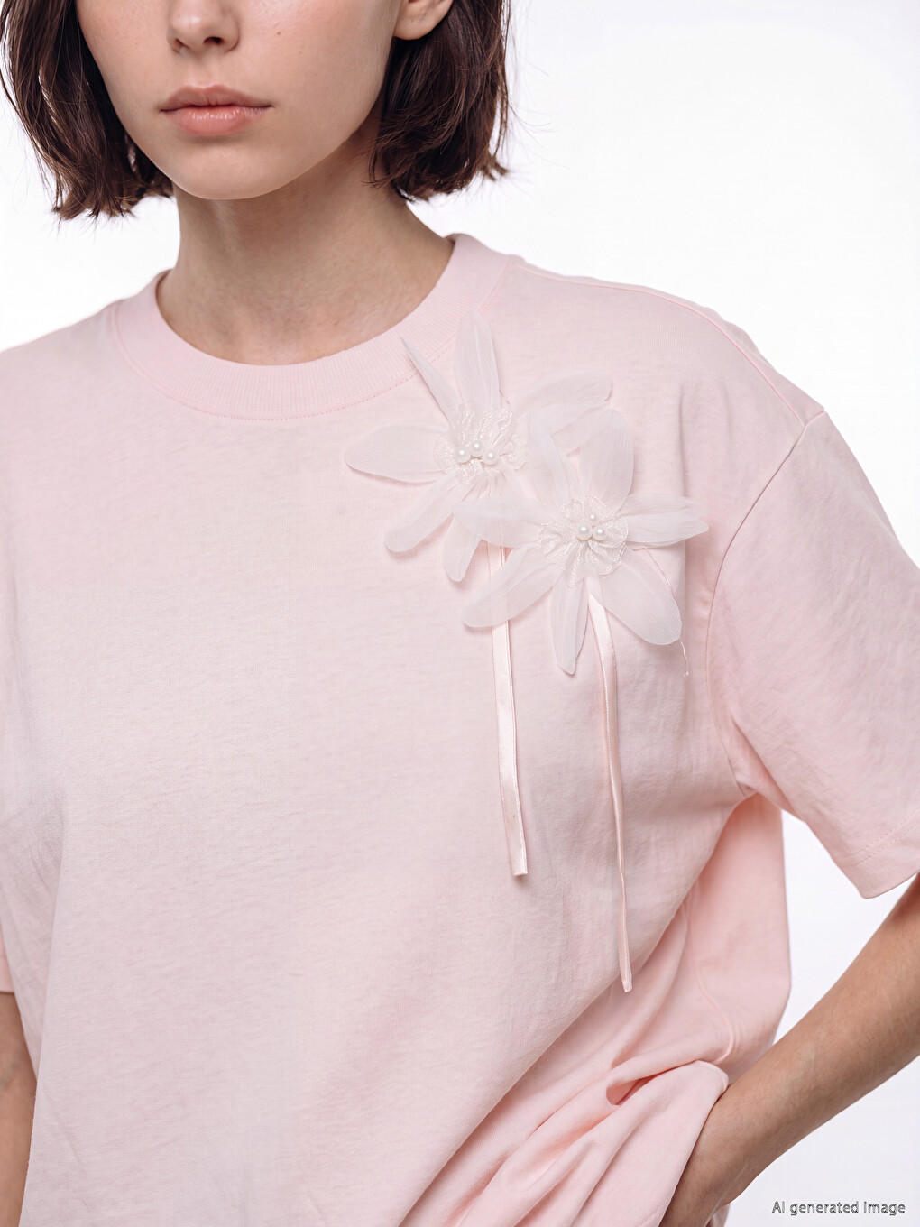 Crew Neck Flower Appliquéd Women's T-shirt-2