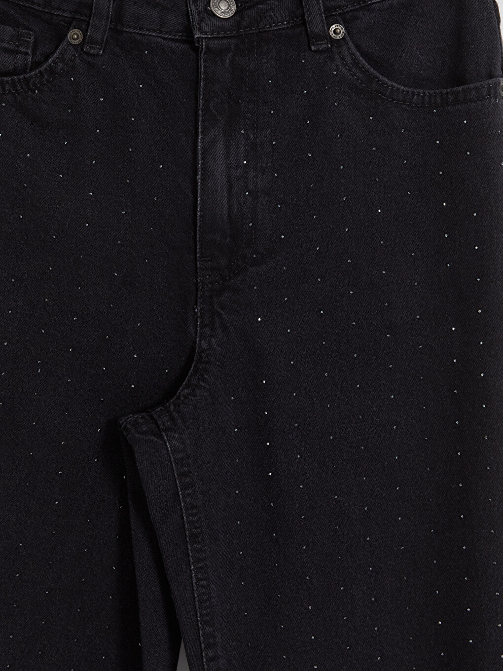 Siyah Straight Fit Taşlı Kadın Jean Pantolon-2